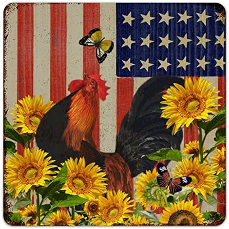 שלט מתכת וינטג 'תרנגול בית חווה ודגל אמריקאי שלט דקורטיבי שלט מתכת אלומיניום רטרו פוסטר מתכת במצוקה