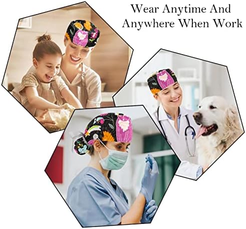כובעים רפואיים לנשים עם כפתורים שיער ארוך, כובע עבודה מתכוונן 2 חלקים, צבעי חיות חתולים צבעוניים