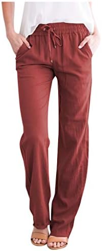 מכנסי פשתן כותנה לנשים, משיכת מותניים אלסטיות גבוהות יוגה יוגה מכנסיים פאלאצו מכנסי אופנה נוחים עם כיסים