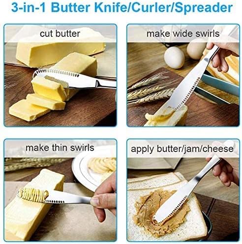 חמאת סכין, נירוסטה חמאת מפזר עם משונן קצה רטוש חריצים לחיתוך ומתפשט חמאה, גבינה.