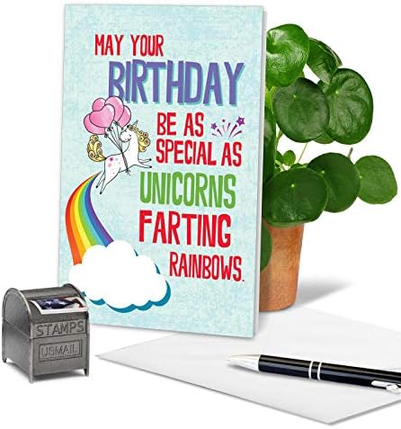נובלוורקס-כרטיס יום הולדת שמח מצחיק עם מעטפה-כרטיס הומור צבעוני, פתק ברכה-חדי קרן וקשתות ג6892