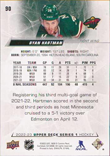 2022-23 סיפון עליון 90 ריאן הרטמן מינסוטה סדרה פראי 1 כרטיס מסחר בהוקי NHL