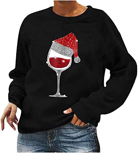 חולצת סוודר זכוכית יין אדום לחג המולד לנשים צוואר עגול שרוול ארוך סווטשירט סווטשירט סווטשירט דפסים מזדמנים