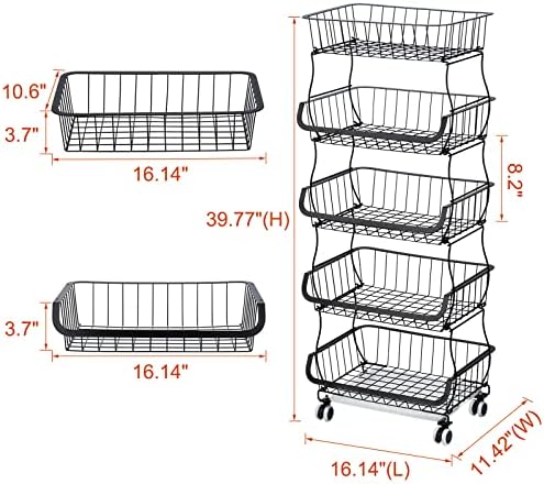 5 קומות פירות סל למטבח, חוט פירות, ירקות וחטיפים אחסון עגלת עם גלגלים, מתגלגל עומד ארגונית מתלה למטבח,