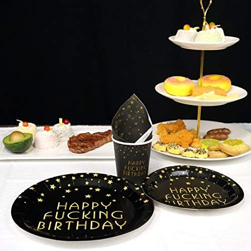 פנדקור 120 יחידות שחור וזהב שמח פינג יום הולדת ספקי צד-משמש 30-כולל ארוחת ערב צלחות, קינוח צלחות,כוסות