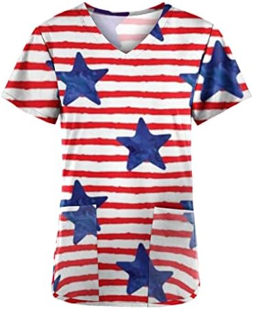 בגדי עבודה מודפסים של דגל אמריקאי לנשים V-Neck Patriotic Scrub_tops טוניקה חולצה חולצה עם 2 כיסים צדדיים