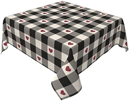 מפת שולחן ליום האהבה מרובעת 60 על 60 אינץ', לב אהבה אדום בד שולחן ליום האהבה, כיסוי שולחן משובץ שחור