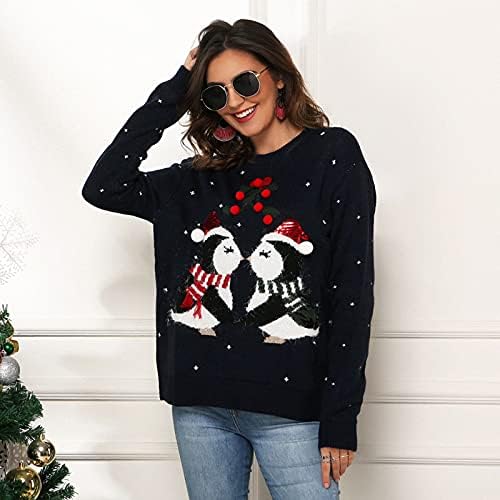 סוודרים לחג המולד לנשים דפוס פינגווין צוואר צווארון שרוול ארוך סריג סריג חולצות סוודרים מפוספסים מזדמנים