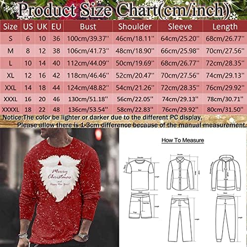 חולצות טריקו של שרוול ארוך של Dsodan לחג המולד לגברים, חג המולד 3D גרפיקה סנטה קלאוס הדפס קרוס צמרת