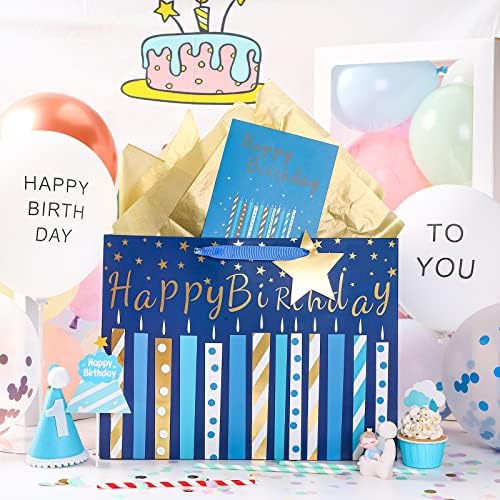 מייפלוס 16 יום הולדת שקית מתנה גדולה עם כרטיס ברכה ונייר טישו ליום הולדת-עיצוב נרות נייר זהב כחול