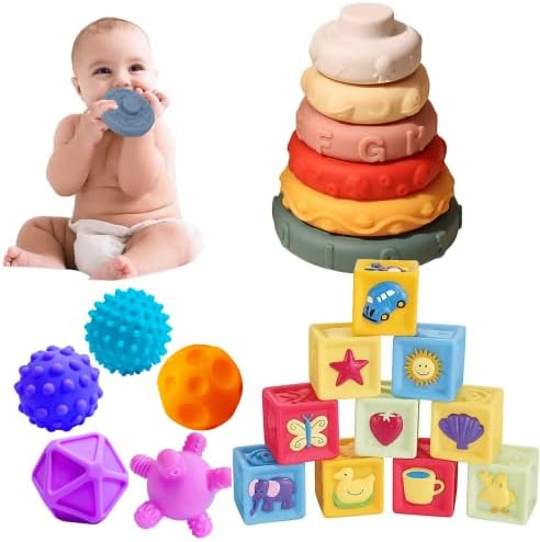 צעצועים חושיים לפעוטות 1-3, כדורי פעוטות רכים וטבעות ערמה רכות וגושי ערמה רכים לתינוק מונטסורי, צעצועים