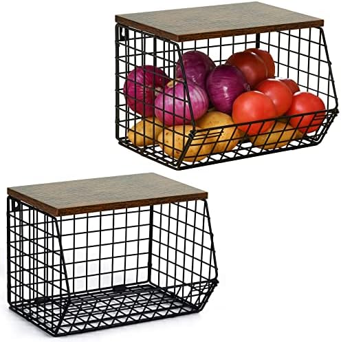 2 יחידות סל סל אחסון בצל ותפוחי אדמה עם מכסה עץ - ארגון מזווה צמוד לקיר וסל חוט אחסון - סל דלפק למטבח
