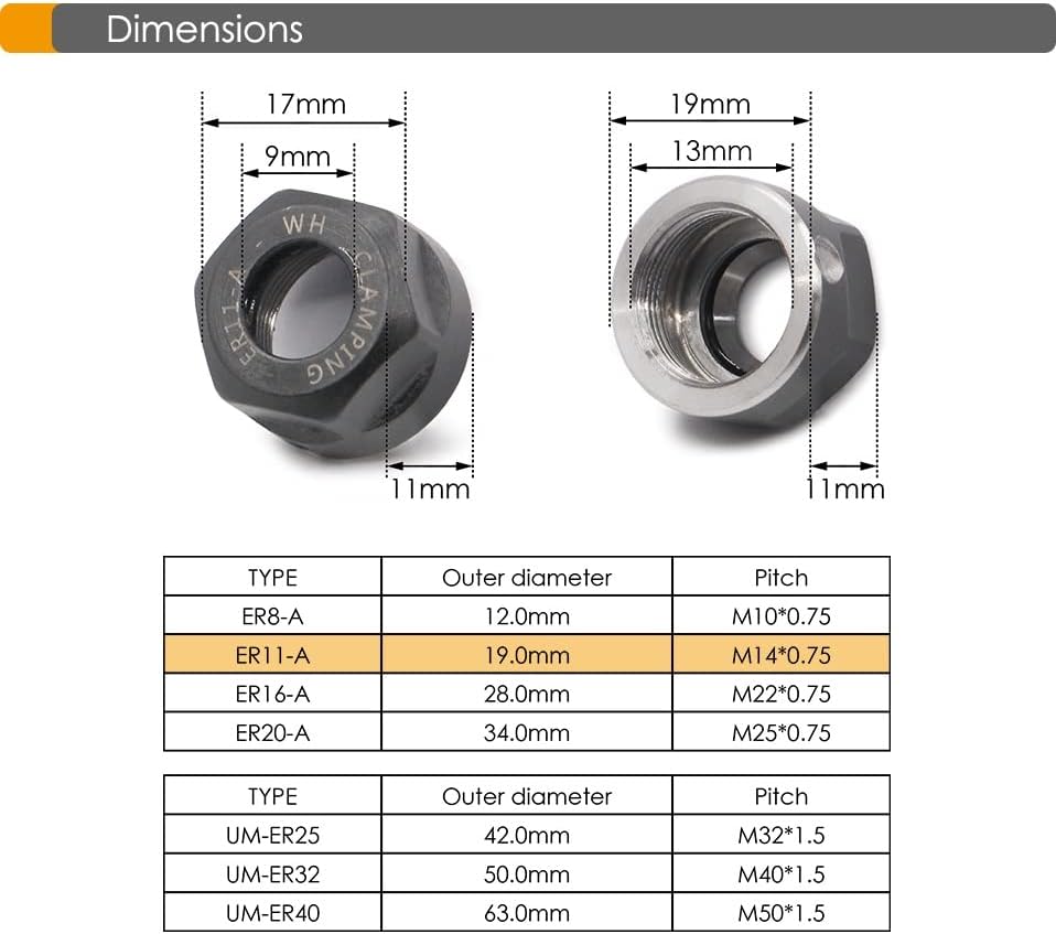 1PC ER11-A 40CR COLLET NUT המשמש לחריטה CNC מנוע ציר 0.8KW 1.5KW COLLET CHUCK NUT