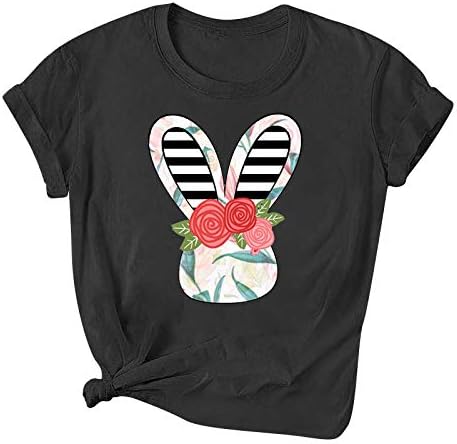 חולצת טס פסחא לנשים ארנב חמוד מודפס שרוול קצר טופ טופיות צוואר צווארון חולצות מזדמן 2023 חולצות קיץ