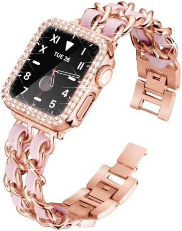 Mazuboho תואם לפס Apple Watch 44 ממ + יהלומים כיסוי מגן מסך, מתכוונן קל לנשים, צמיד תכשיטים פס עור מתכת