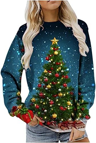 ניאון מדליק עץ חג המולד חולצות T לנשים טרנדיות 3/4 שרוול חג מולד שמח גליטר צמרות טוניקה מזדמנת חולצות