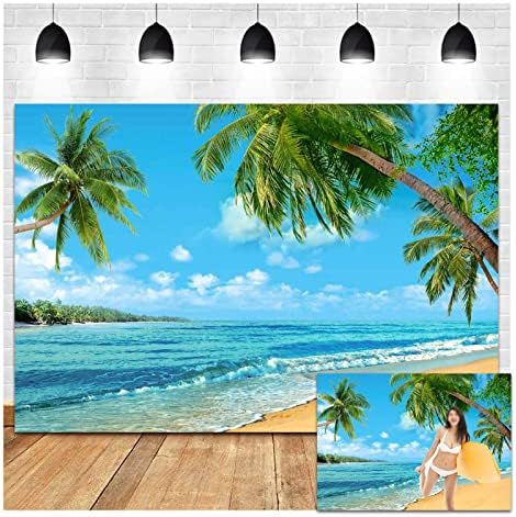 קיץ טרופי הוואי דקל עץ או חוף צילום תפאורות 7 * 5 רגל כחול ים שמיים שמש ואאו מסיבת תמונה רקע חתונה כלה