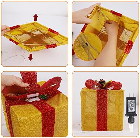 סט של 4 קופסאות קופסאות מתנה מוארות לחג המולד, טינסל מואר לפני קופסה קופסת קשת, קישוט חצאית עץ חג המולד