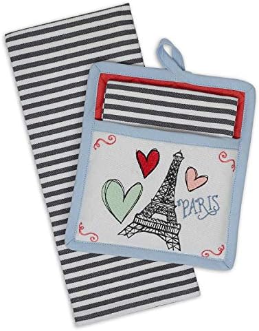 סט סיר ומגבות - אני אוהב את פריז עם עיצוב קולאז 'של מגדל אייפל