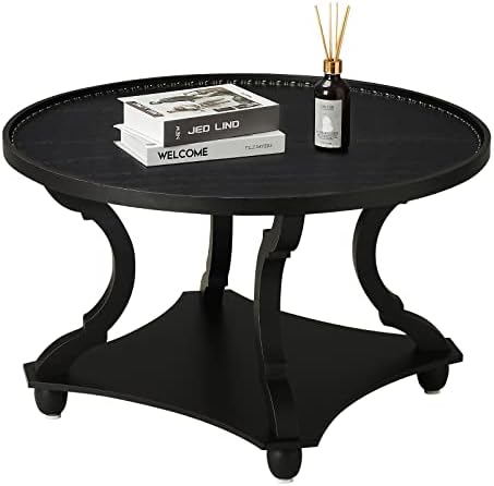 בית חווה עגול קפה שולחן, עץ מגש למעלה מעגל קפה שולחן עם אחסון מדף כפרי סגנון לסלון בציר גימור, שחור