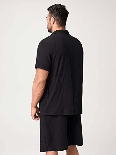 Oshho תלבושות שני חלקים לגברים גברים חולצה קדמית של כפתור מוצק ומכנסיים קצרים