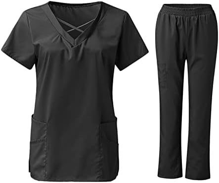 מקרצנים לנשים מכנסיים מכנסי רץ קלים קלים סיעוד רפואי צלב V-Neck Scrub Top & Yoga Scrub מכנסיים שני חלקים