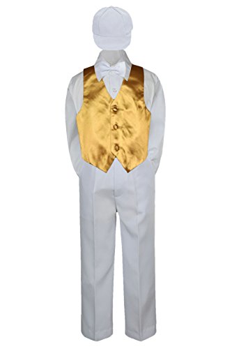 5 pc פעוט תינוק ילד בנים מכנסיים לבנים כובע חליפות אפוד זהב עניבה