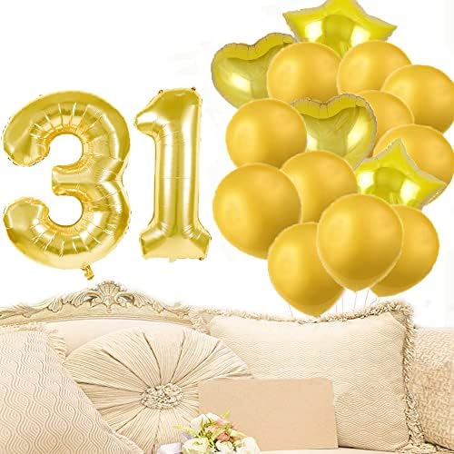 ציוד למסיבות של קישוט יום הולדת 31 מתוק, מספר זהב מספר 31 בלונים, נייר כסף 31 בלוני בלונים לטקס קישוט