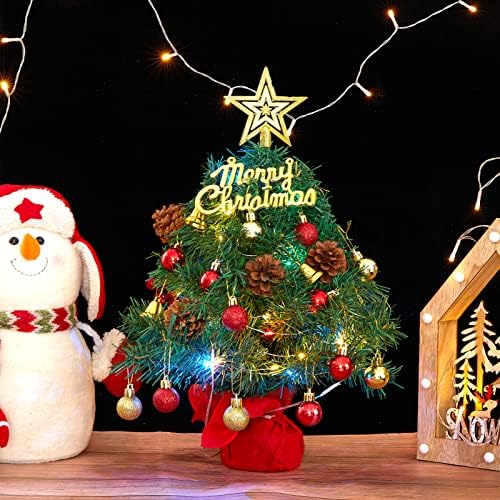 22 שולחן מראש עץ חג המולד מיני עם ערכת קישוט, עץ חג מולד מלאכותי עם אורות מיתרים כוכבים טופ טופ וקישוטי