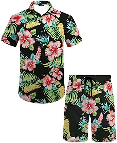 Lujengefa Mens 2 חלקים חולצה הוואי ומכנסיים קצרים מגדירים כפתור הדפס טרופי פרחוני למטה חליפות תלבושת