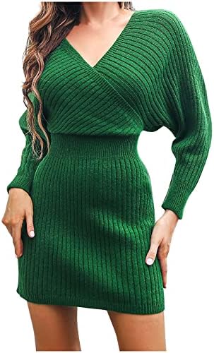 Oplxuo Sweater Sweater שמלות סקסיות עטוף V-צווארון שרוולי עטווינג שרוולים מצולעים סרוג גוף מיני שמלה