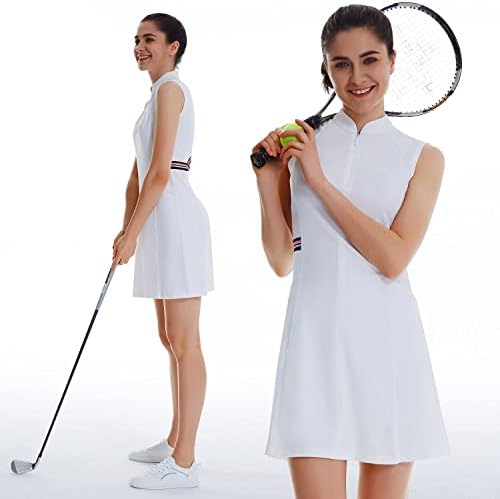 שמלת טניס גולף לנשים בלף שמלת מכנסיים קצרים מובנים שמלת אימון ספורט אתלטית 4 כיסים ללא שרוולים UPF 50+