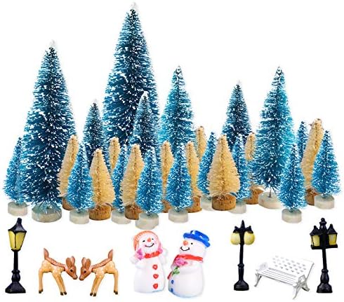 WONUU 35 יחידות מיני עץ חג המולד דגם שלג עצי כפור עצי מברשת בקבוק עם אנשי שלג מנורות ספסל איילים מפלסטיק