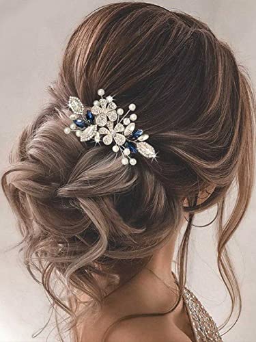 כלה חתונה שיער מסרק כחול קריסטל צד קומבס פרל ריינסטון כלה שיער חתיכה כיסוי ראש חתונה שיער אבזרים;