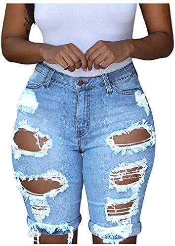 מכנסי ג'ין קצרים נשים נמתחות קיץ במצוקה ברמודה מכנסיים קצרים קרעו שולי גולמי מתיחה וינטג 'ג'וניורס ג'ין