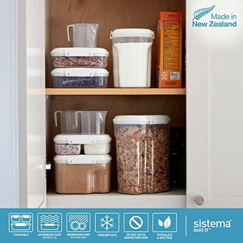 סיסטמה מיכלי אחסון מזון 5 חלקים למזווה עם מכסים ו -2 כוסות מדידה לקמח וסוכר, בטוח למדיח כלים, לבן
