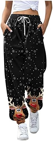 מכנסי זיעה של Beuu לנשים מכנסי טרנינג מדפסים לחג המולד מכנסיים גרפיים קפרי מכנסי טרקלין פלאצו עם כיס