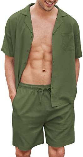 חולצות פשתן לגברים קואופנדי כפתור שרוול קצר חוף חוף הוואי 2 חלקים קצרים