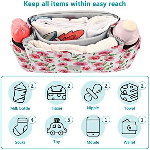 שקית ארגון עגלת תינוק פרחית של קטאקו, תיק מארגן עגלת תינוקות, תיק אביזרי טיולון אוניברסלי עם 2 מחזיקי