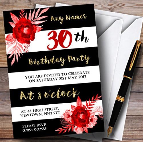 פרח אדום פסים לבן שחור פסים 30 הזמנות למסיבת יום הולדת בהתאמה אישית