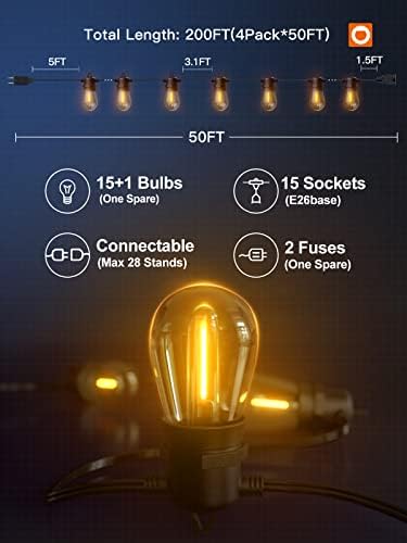 Addlon 200ft LED אורות מיתרים חיצוניים עם 4 נורות החלפת LED אטומות למים