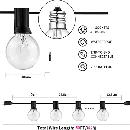 אורות מיתרים חיצוניים 50 רגל G40 אורות מיתר גלובוס עם 25 נורות זכוכית אדיסון, אור תלייה אטום למים לאוהלי