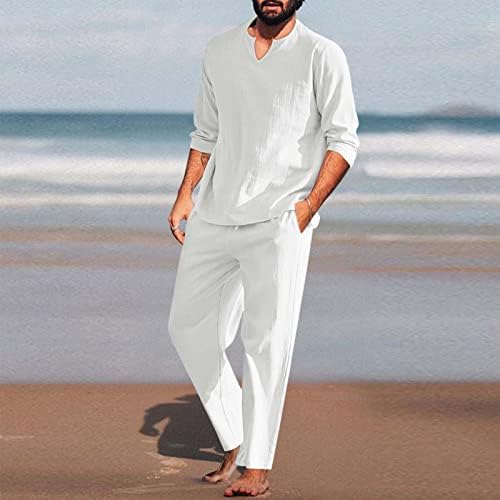 חתיכות גברים כותנה פשתן סט חולצת הנלי שרוול ארוך ומכנסי חוף מזדמנים תלבושות יוגה קיץ חליפות קלאסיות