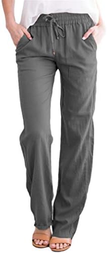 נשים פאלאצו פשתן מכנסיים רחב רגל גבוהה מותן שרוך מזדמן ארוך מכנסיים קומפי חגורת גומי מכנסיים