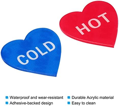 פטיקיל מקל עצמי תווית מים חמים/קרים, 2 זוגות/4 חבילה שלטי מדבקה של צורת לב אקרילית לכיורי ברזים, אדום/כחול