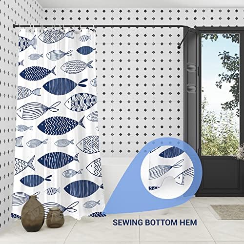 סט וילון מקלחת כחול עמיד עם ווים, מבד פוליאסטר דגים ימי וילונות להדפיס וילונות לחדרי אמבטיה, H72in x
