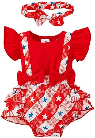 בנות תינוקות שרוול זבוב יום עצמאות יום 4 ביולי הדפסי כוכב מפוספסים מפריעים תלבושות קיץ של ילד פעוטות
