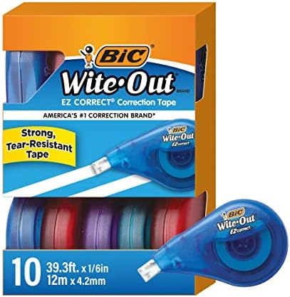 BIC Wite-Out מותג EZ קלטת תיקון נכון, 39.3 רגל, חבילה של 10 ספירות של קלטת תיקון לבן, מהיר & BIC עגול