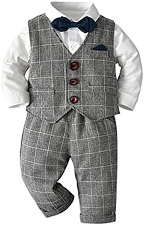 תינוק חליפת פעוטות תלבושת רשמית ילדים 3 חלקים בגדי ג'נטלמן חולצה שרוול ארוך ומכנסיים סט