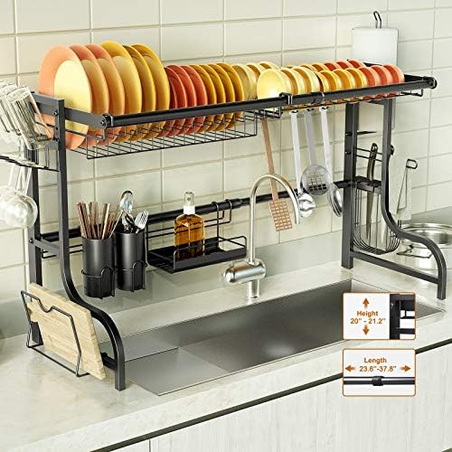 BCGA מעל מתלה ייבוש כלים לכיור, מתלה צלחת מתכווננת ניקוז כלים גדול לארגון מטבח אחסון שטח מחזיק מדף שטח